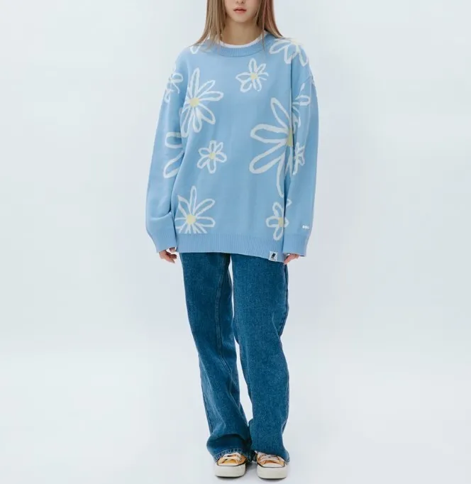 MARKM  |Crew Neck Flower Patterns Unisex Long Sleeves Cotton Medium