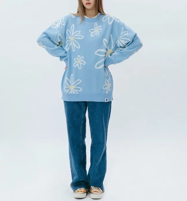 MARKM  |Crew Neck Flower Patterns Unisex Long Sleeves Cotton Medium