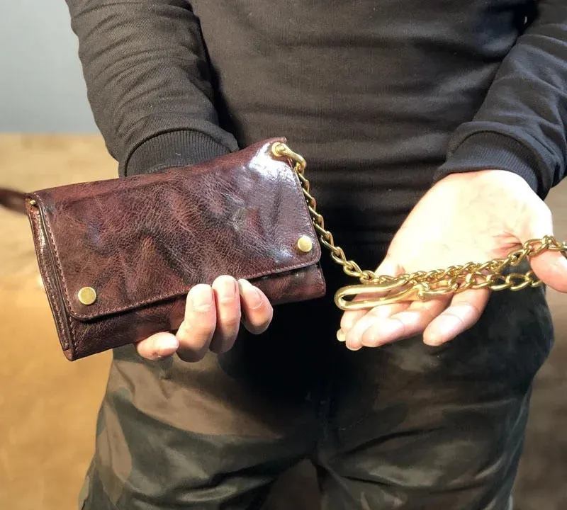 Men's Genuine Leather Copper Chain Long Card Holder Foldable Wallets