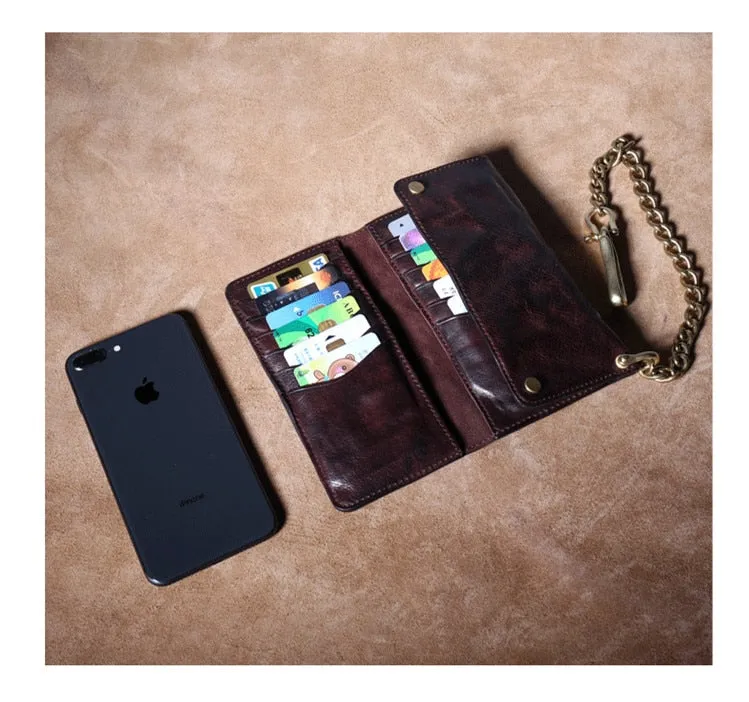 Men's Genuine Leather Copper Chain Long Card Holder Foldable Wallets