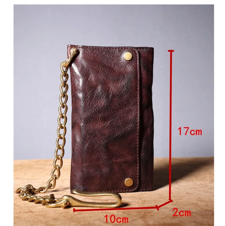 Men's Genuine Leather Copper Chain Long Card Holder Foldable Wallets