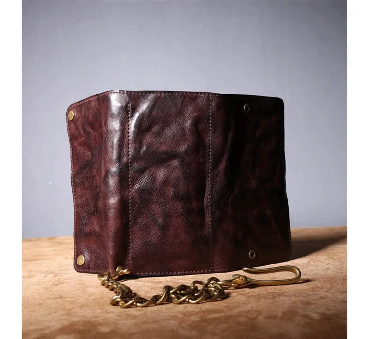 Men's Genuine Leather Copper Chain Long Card Holder Foldable Wallets