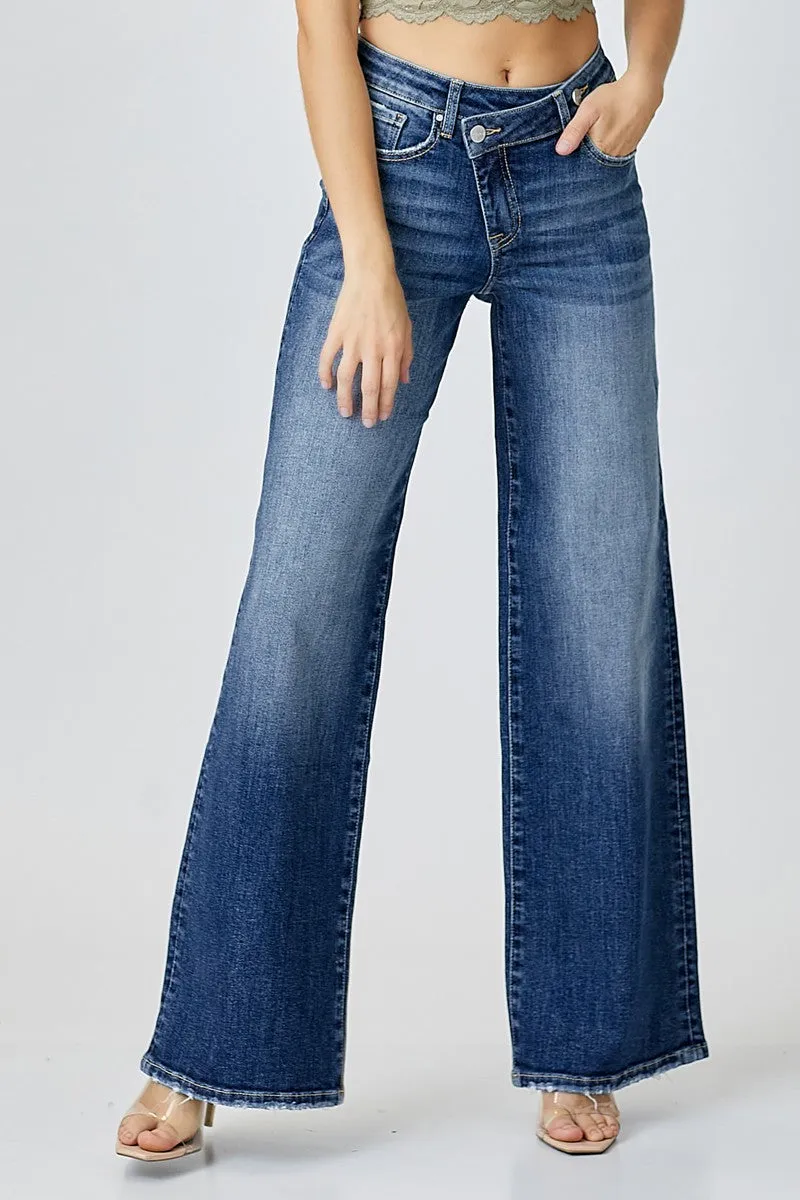 Mid Rise Crossover Wide Leg Jeans