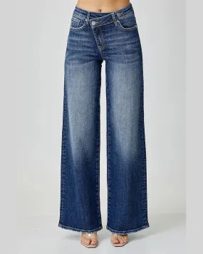 Mid Rise Crossover Wide Leg Jeans