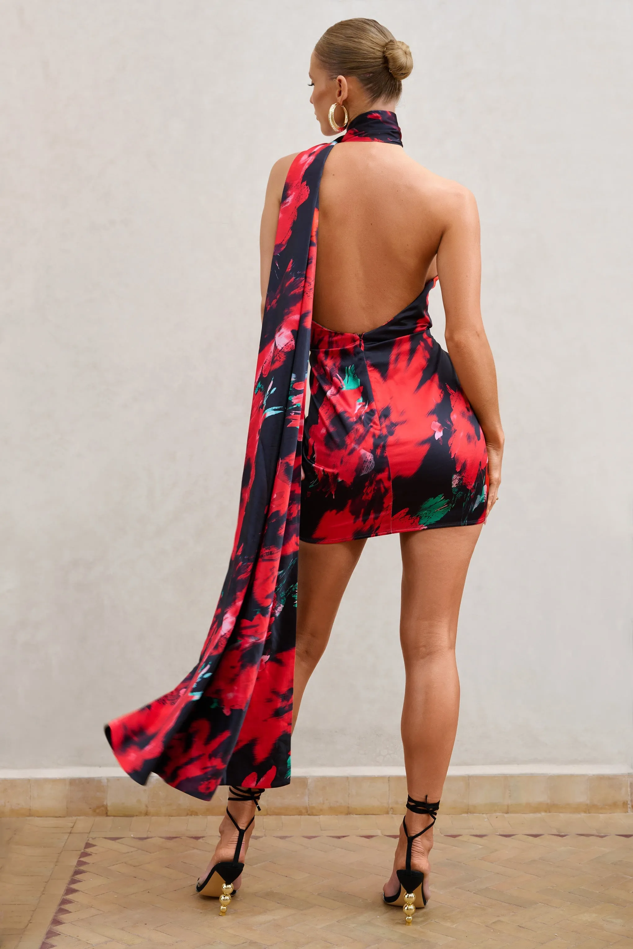 Nasira | Black Floral Asymmetric Neck Open Back Mini Dress With Scarf Detail