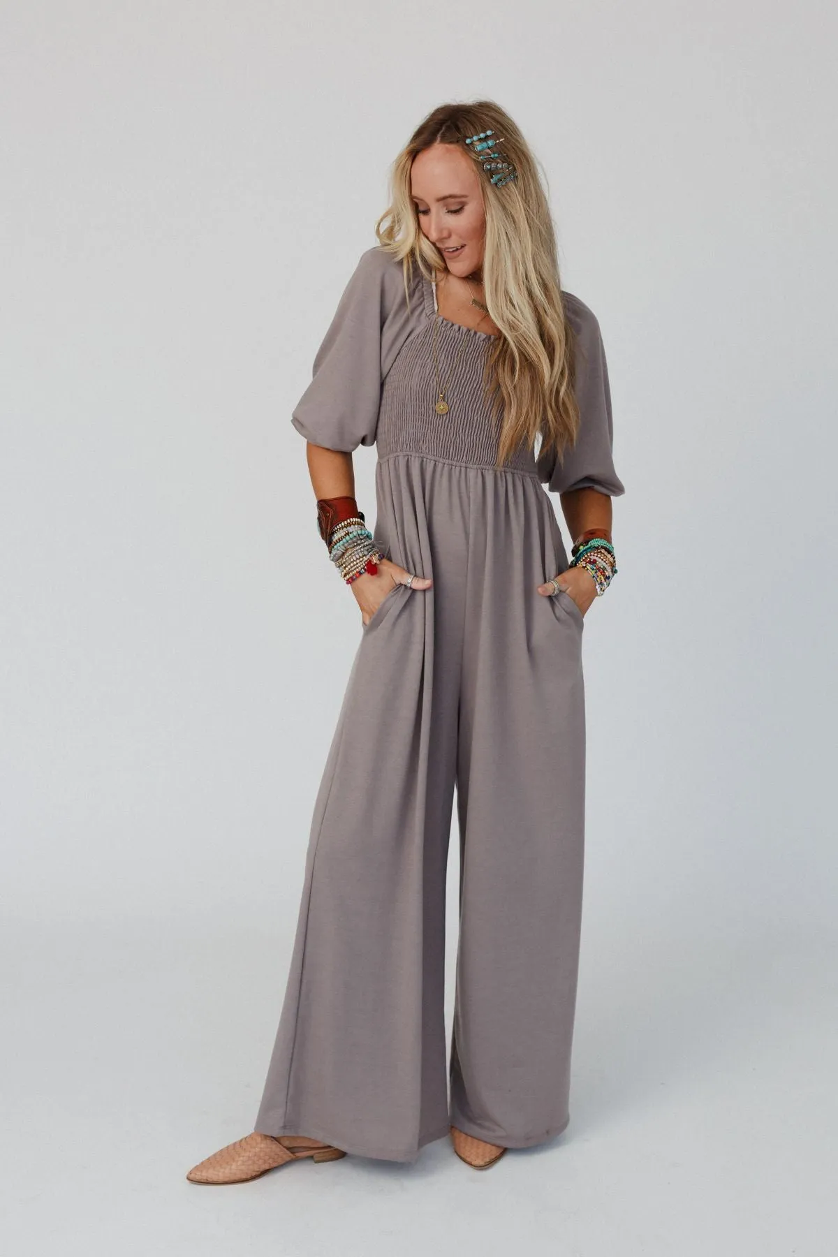 Nick Of Time Smocked Jumpsuit - Coco