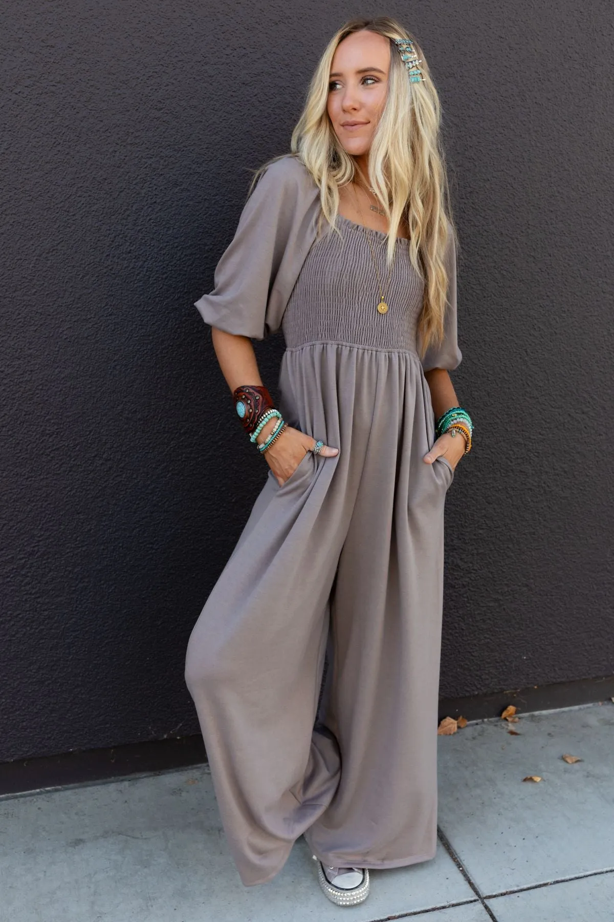 Nick Of Time Smocked Jumpsuit - Coco