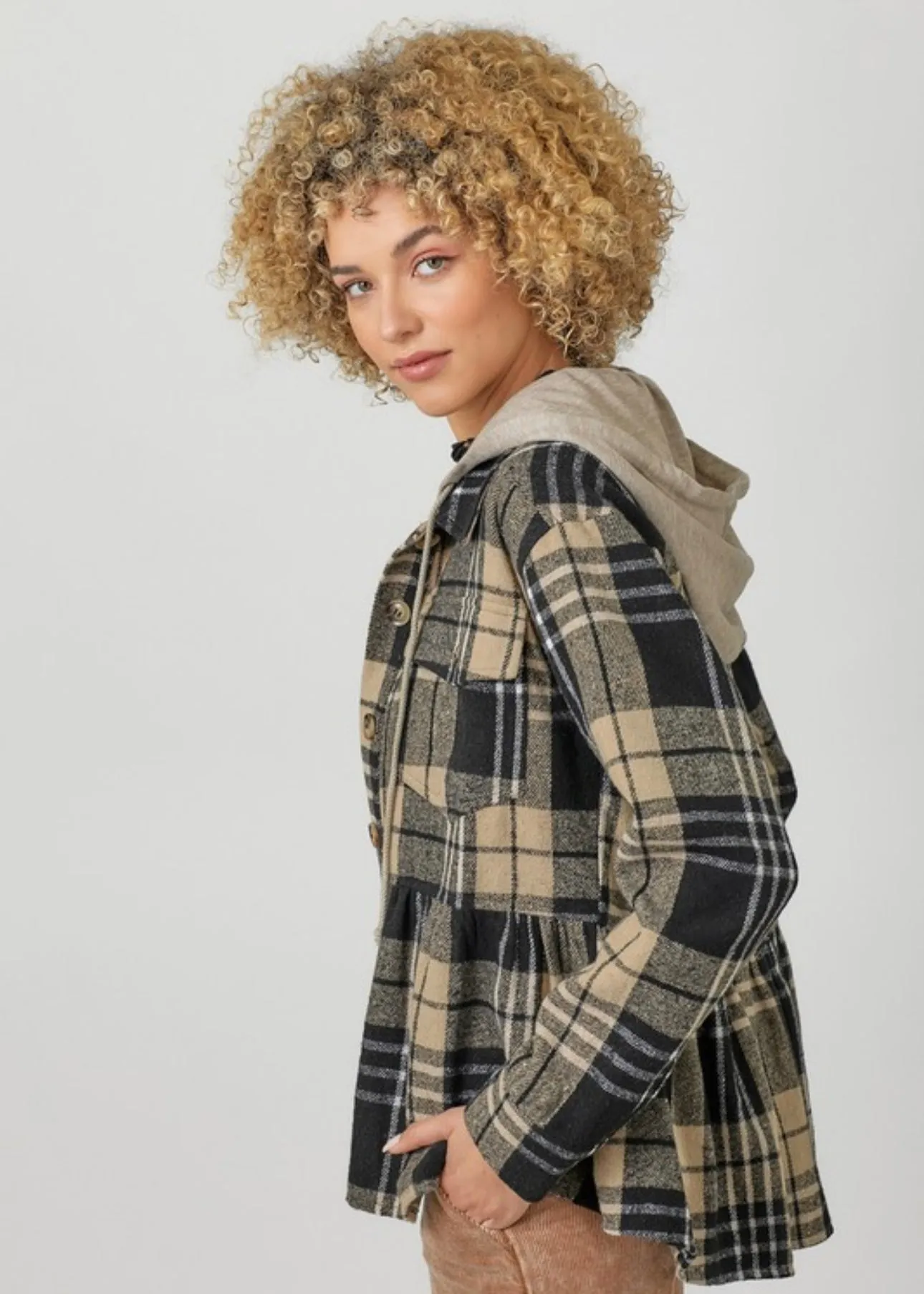 Peplum Plaid Hooded Shacket