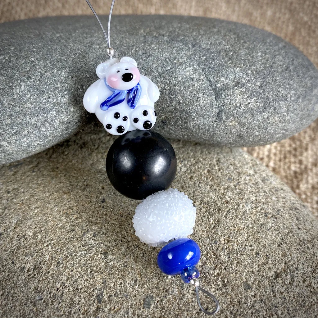 Polar Bear Christmas Ornament w/Shungite, Blue Scarf, on Iceberg