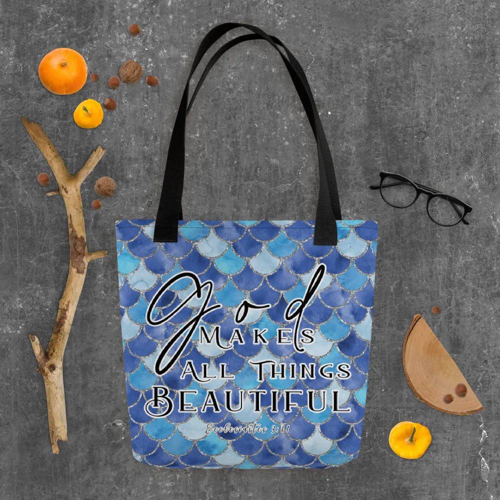 Products Limited Edition Premium Tote Bag - God Makes All Things Beautiful (Design: Mermaid Scales Blue)