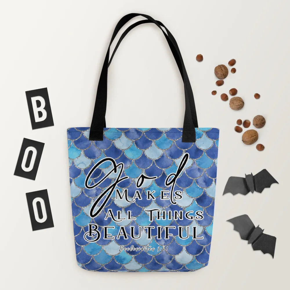 Products Limited Edition Premium Tote Bag - God Makes All Things Beautiful (Design: Mermaid Scales Blue)