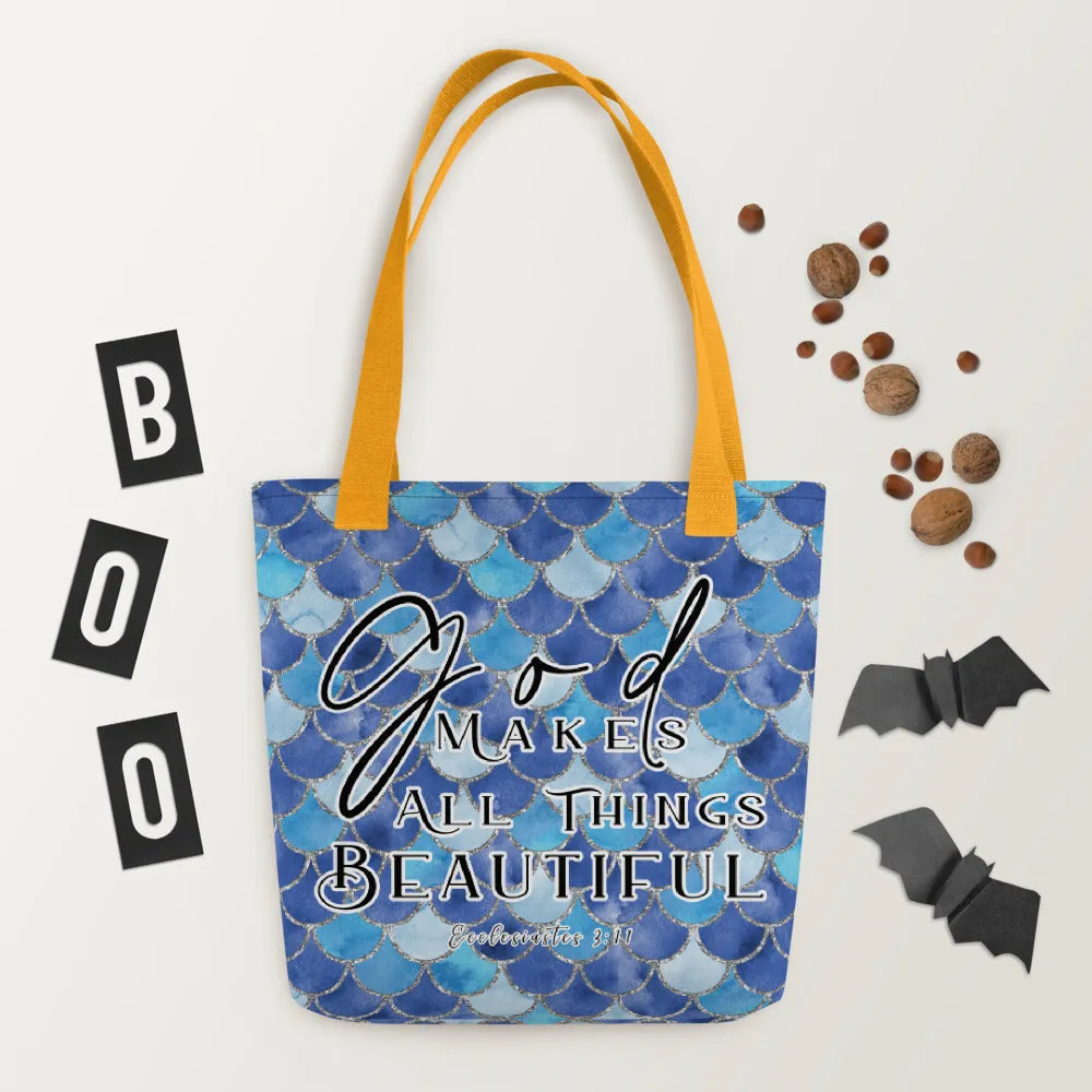 Products Limited Edition Premium Tote Bag - God Makes All Things Beautiful (Design: Mermaid Scales Blue)