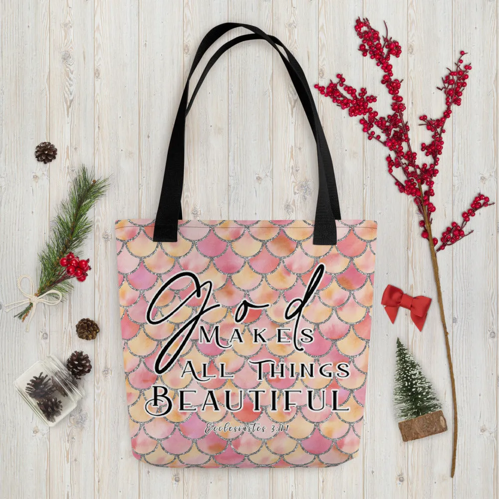 Products Limited Edition Premium Tote Bag - God Makes All Things Beautiful (Design: Mermaid Scales Pink)