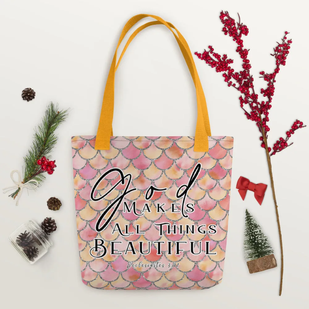 Products Limited Edition Premium Tote Bag - God Makes All Things Beautiful (Design: Mermaid Scales Pink)