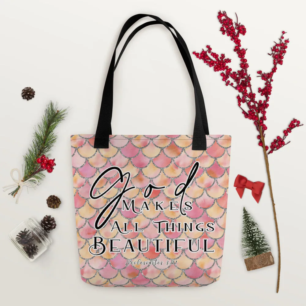 Products Limited Edition Premium Tote Bag - God Makes All Things Beautiful (Design: Mermaid Scales Pink)