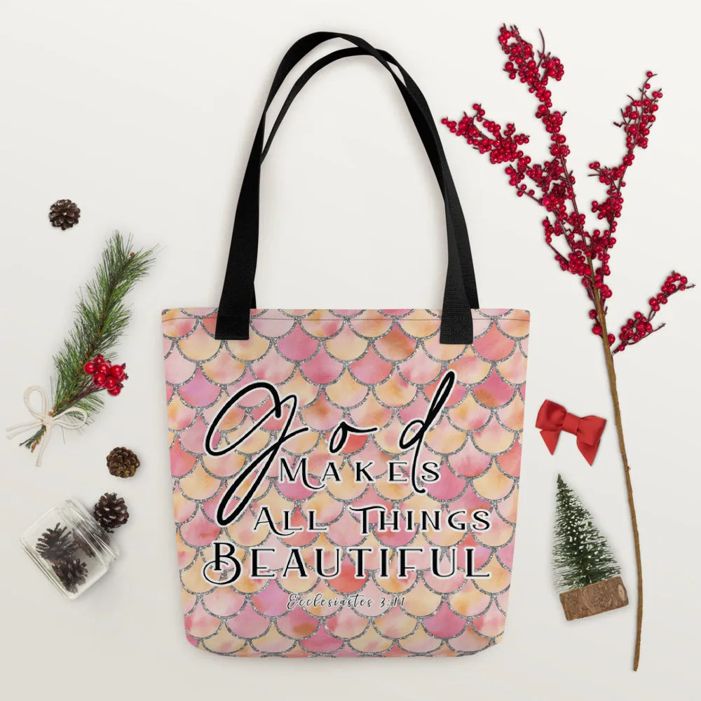 Products Limited Edition Premium Tote Bag - God Makes All Things Beautiful (Design: Mermaid Scales Pink)