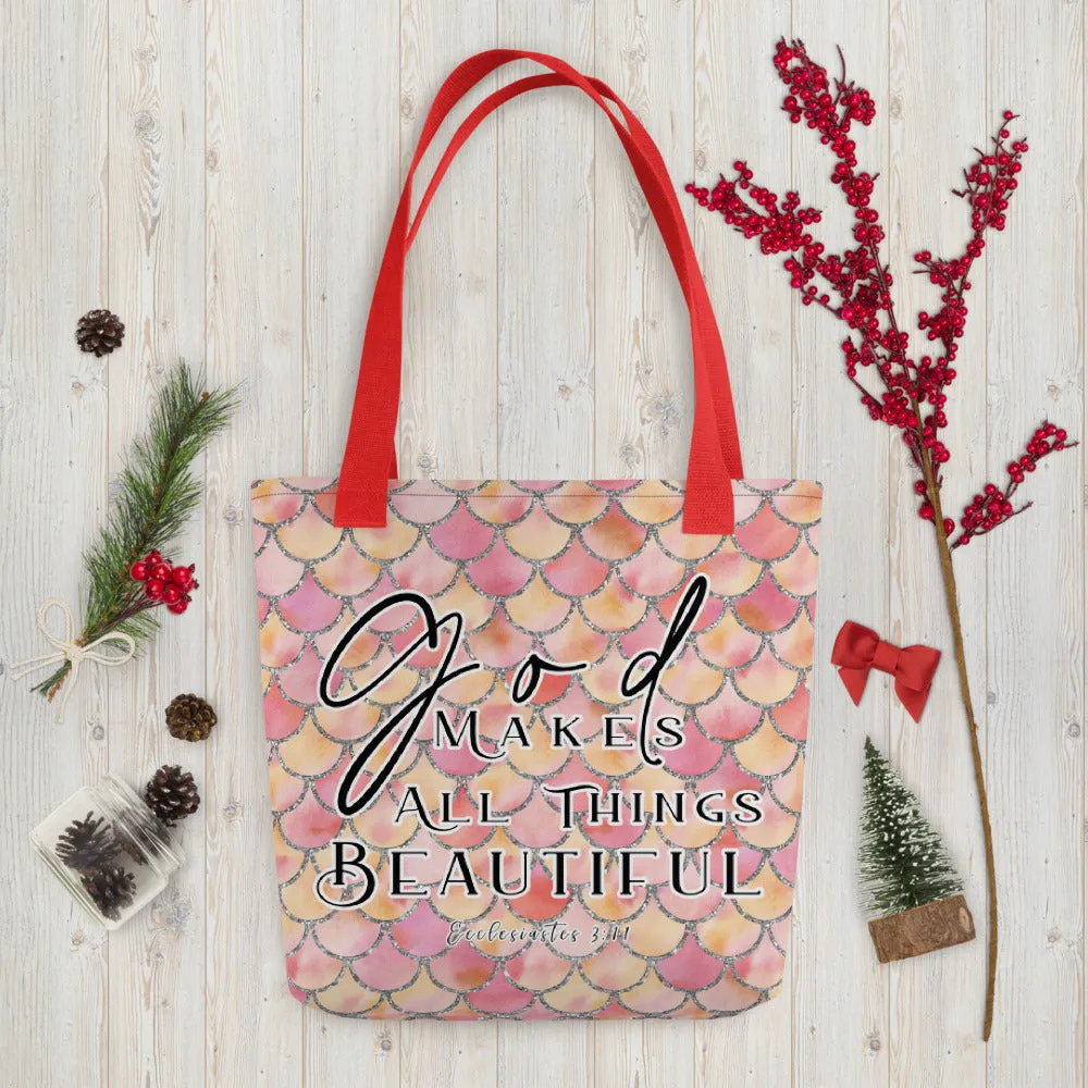 Products Limited Edition Premium Tote Bag - God Makes All Things Beautiful (Design: Mermaid Scales Pink)