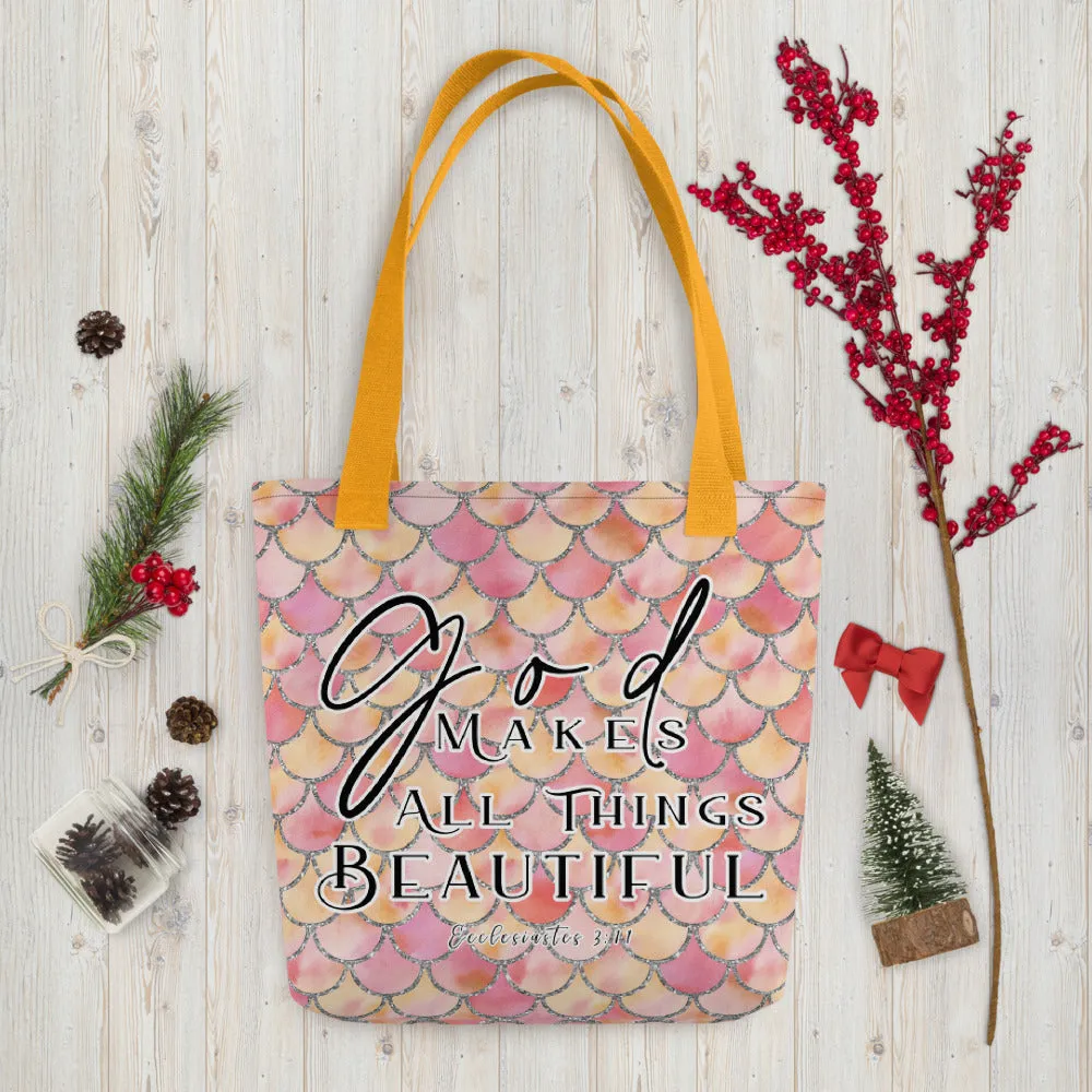 Products Limited Edition Premium Tote Bag - God Makes All Things Beautiful (Design: Mermaid Scales Pink)