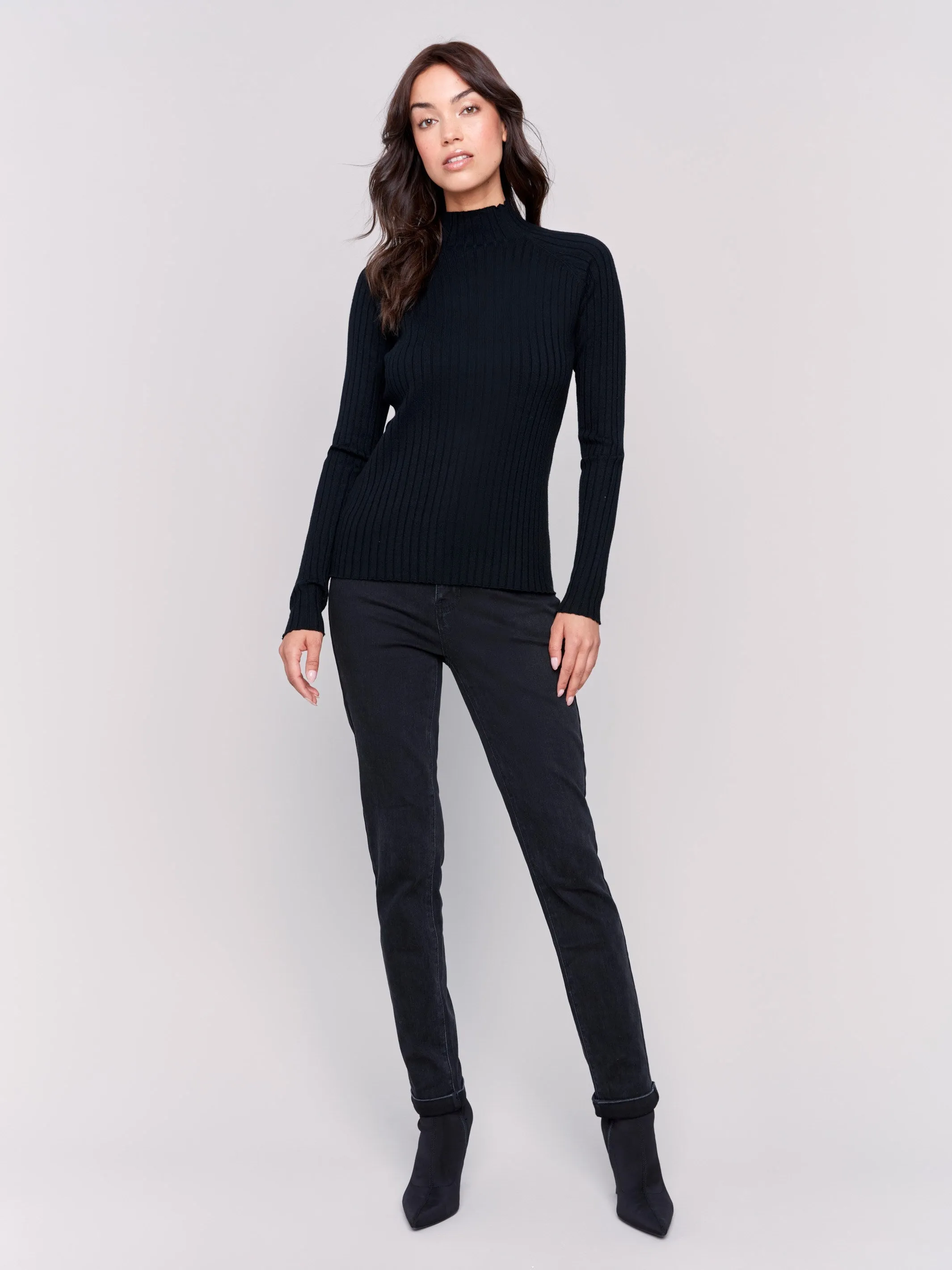 Ribbed Knit Mock Neck Sweater - Black