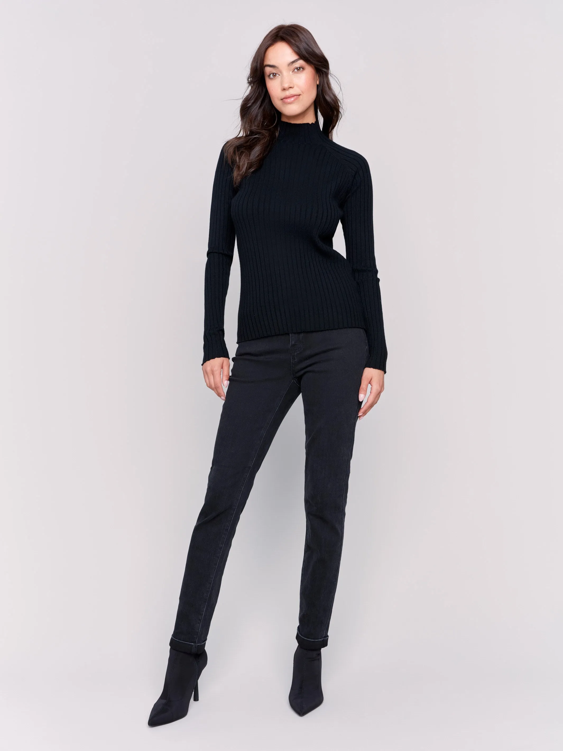 Ribbed Knit Mock Neck Sweater - Black