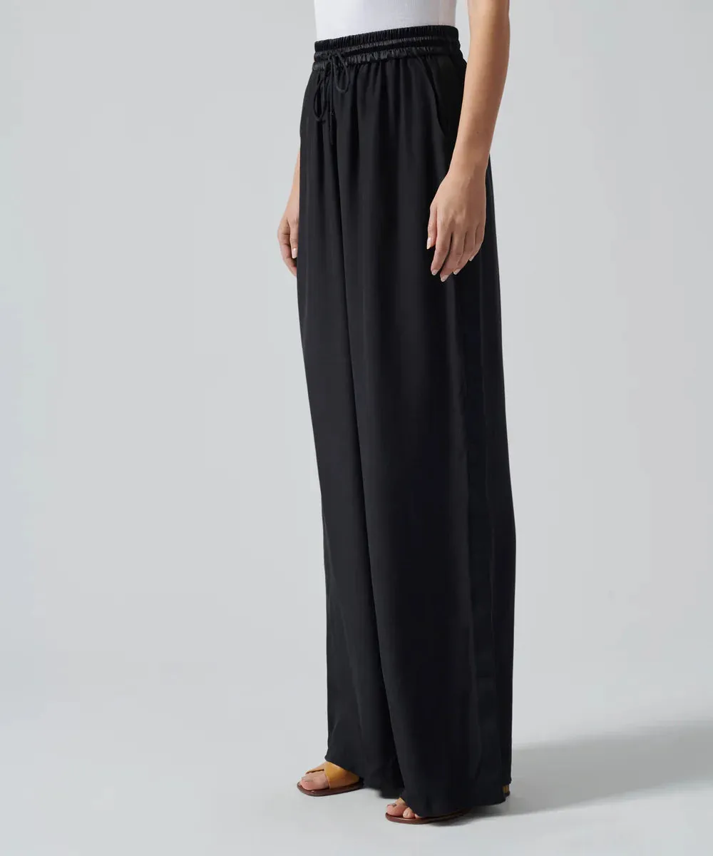 Silk Charmeuse Wide Leg Grosgrain Detail Pants - Black