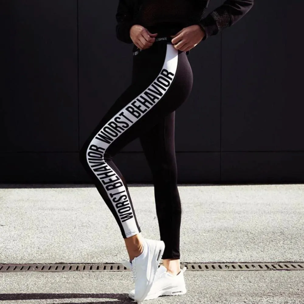 Slim Black Color White Letters Push Up Workout Polyester V-waist Jeggings