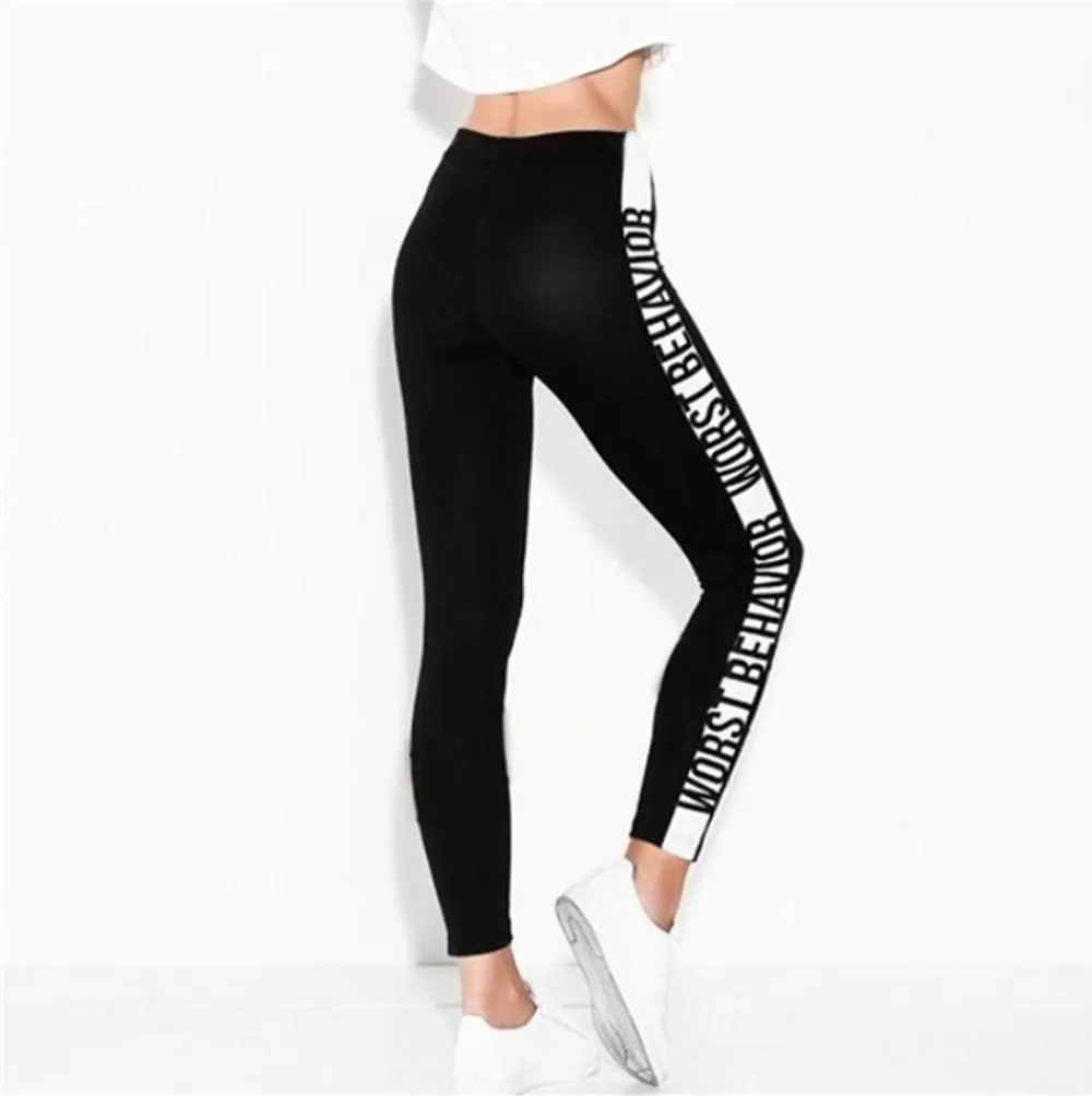 Slim Black Color White Letters Push Up Workout Polyester V-waist Jeggings