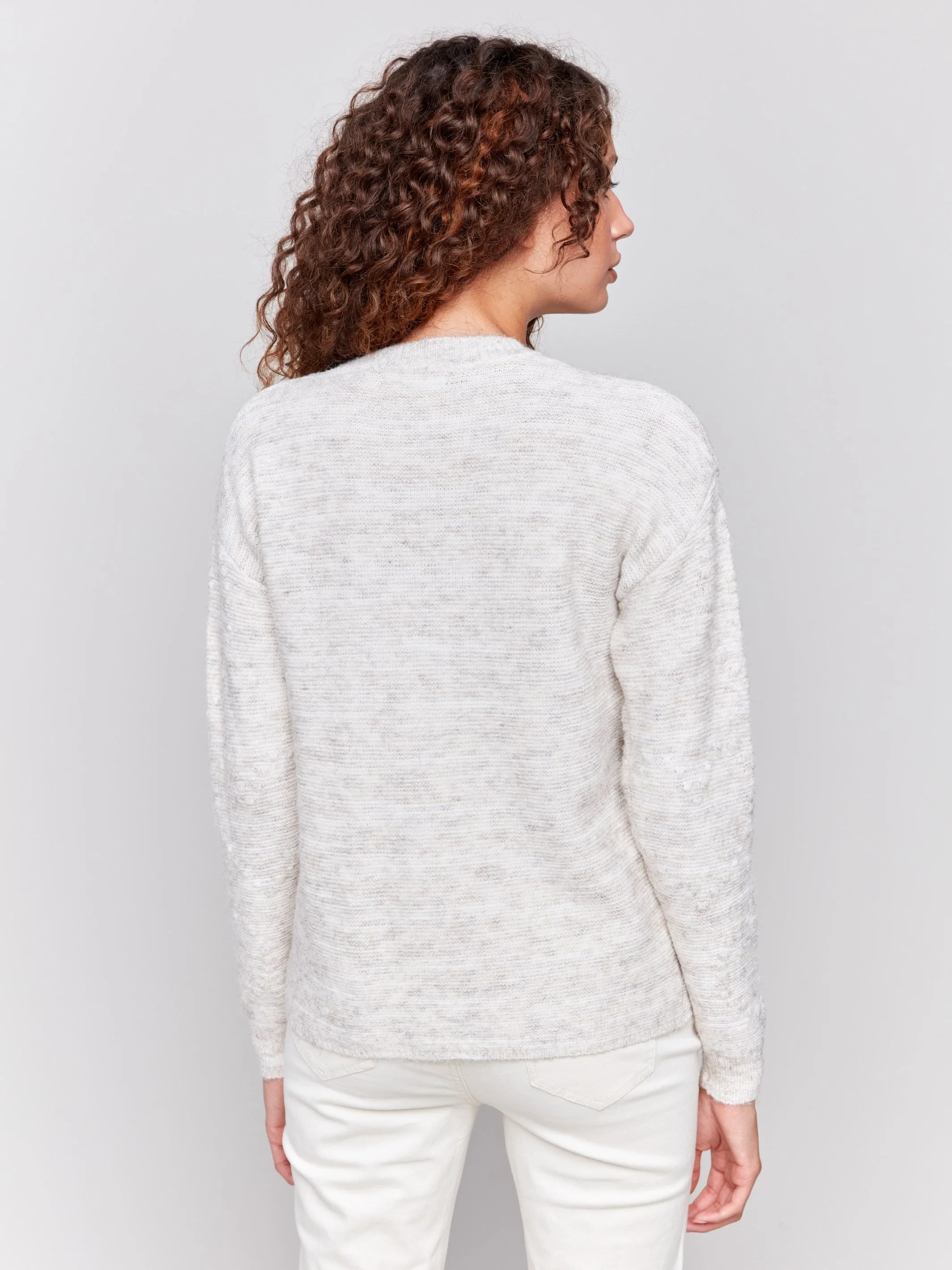 Space Dye Knit Sweater with Drop Shoulders - Ecru