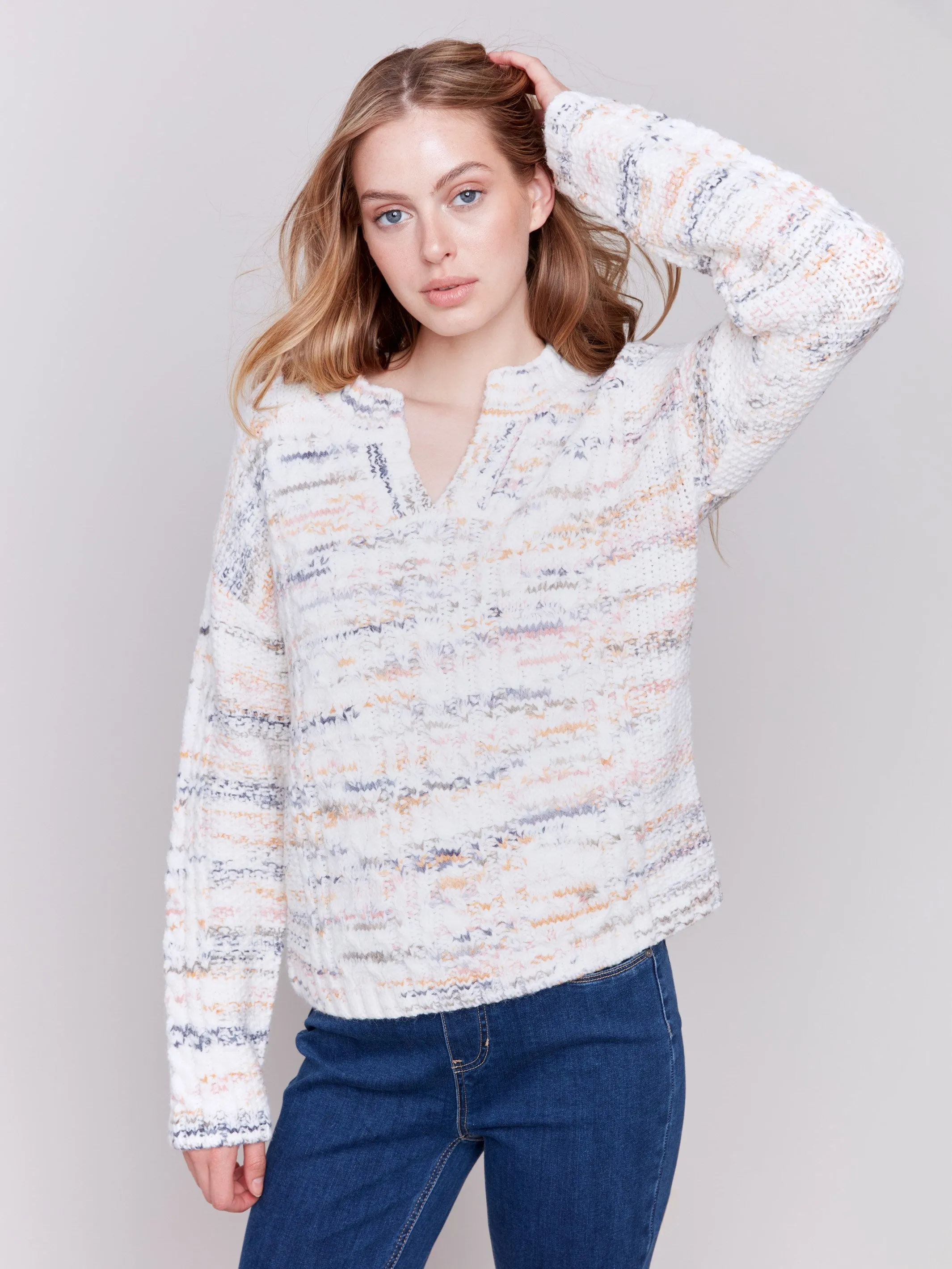 Speckled Yarn Cable Knit Sweater - Ecru