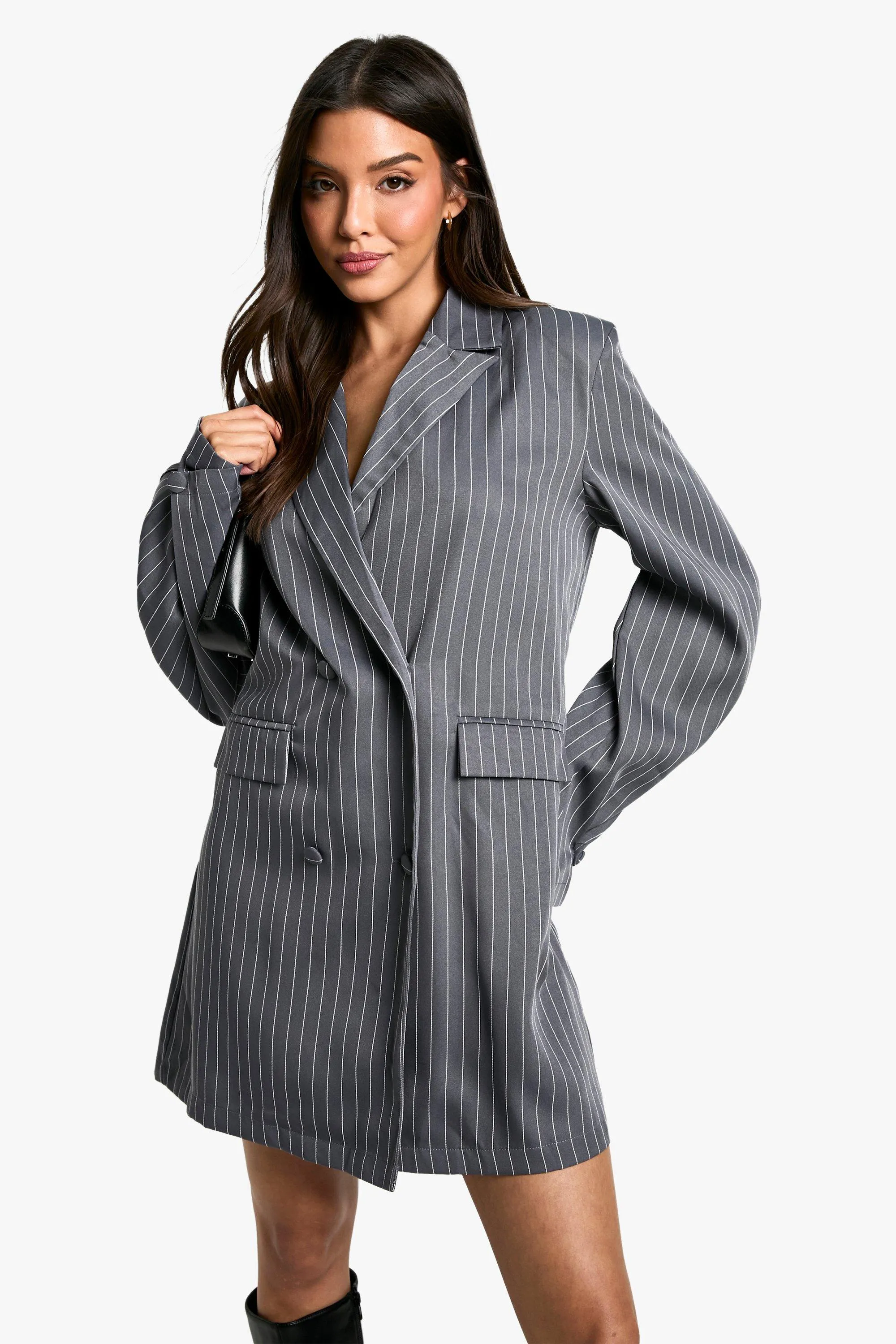 Stripe Woven Pocket Front Oversized Blazer Dress