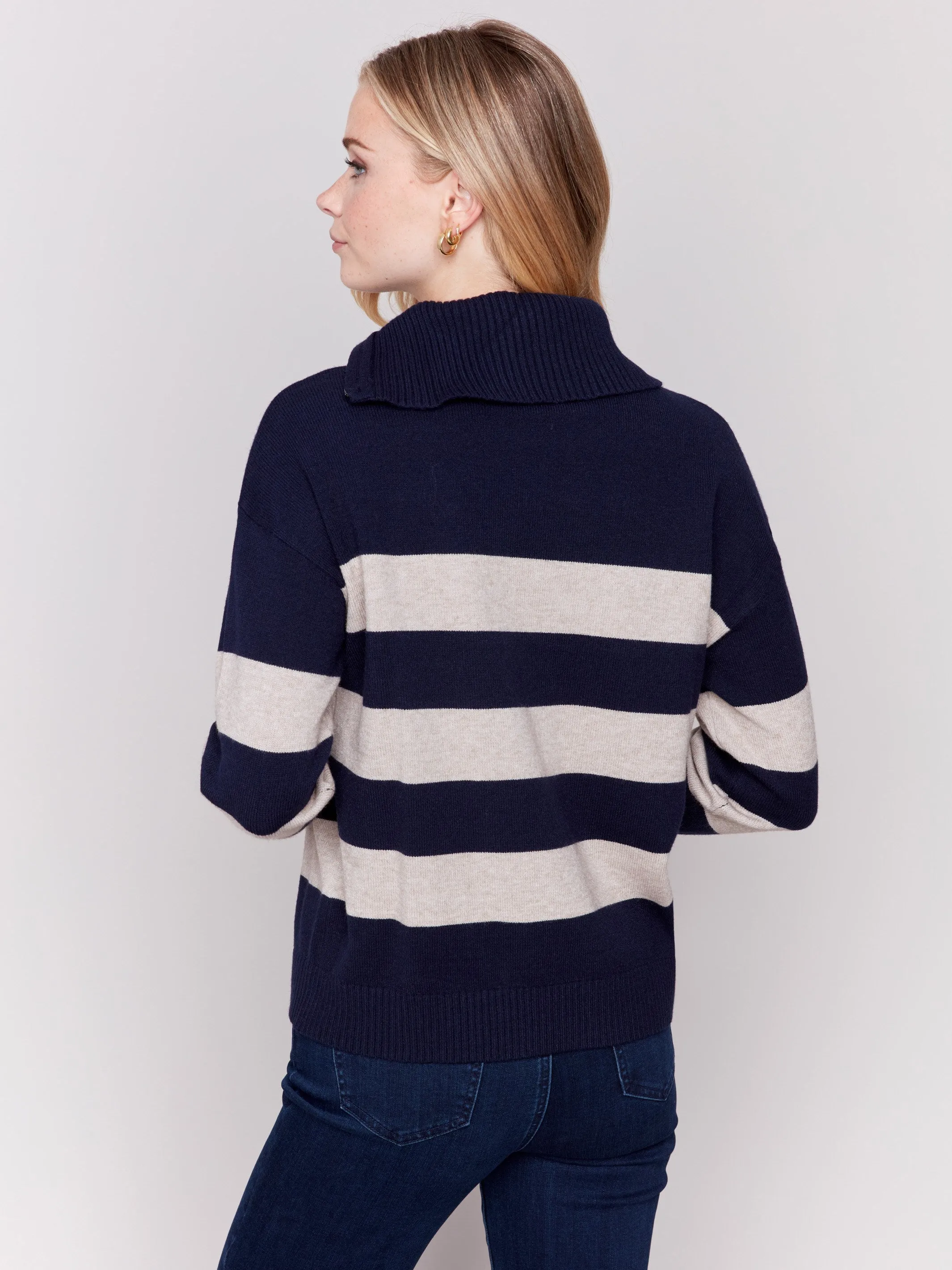 Striped Turtleneck Sweater with Zipper Detail - Navy