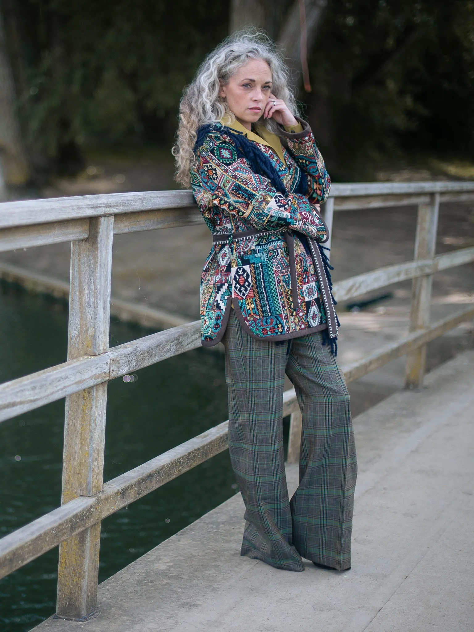 Tailored Check Wool Trousers in Kiwi