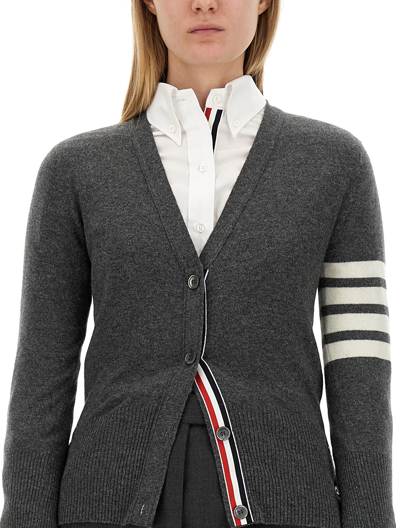 THOM BROWNE    CASHMERE V-NECK CARDIGAN