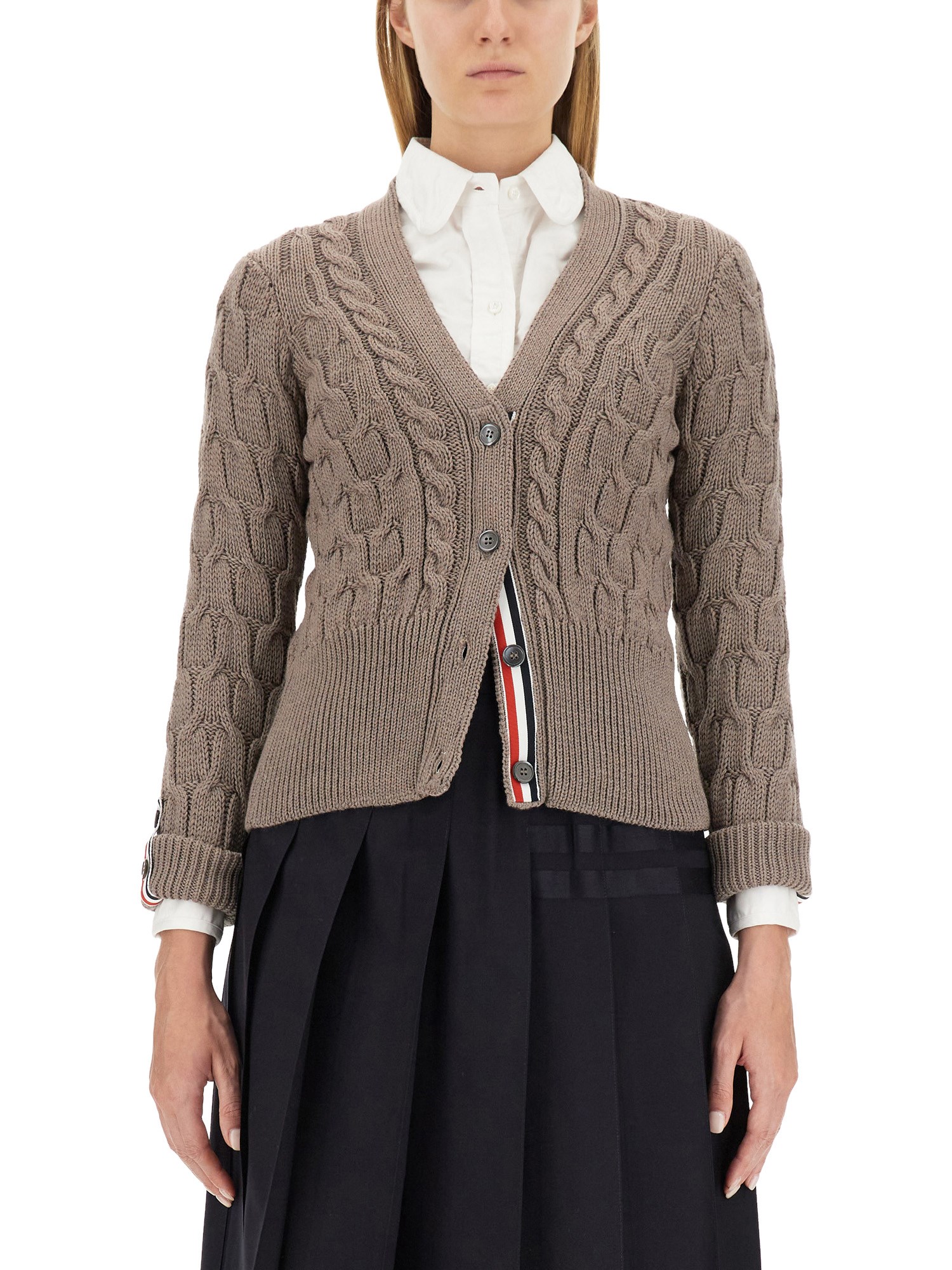 THOM BROWNE    WOOL V-NECK CARDIGAN