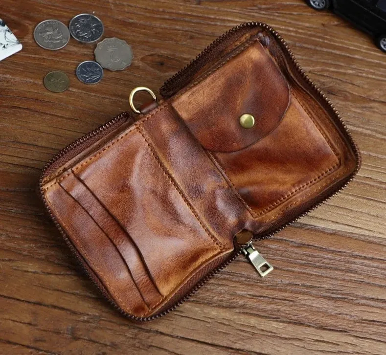 Unisex Vintage Genuine Cowhide Leather Handmade Short Zipper Wallet