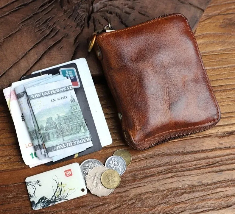 Unisex Vintage Genuine Cowhide Leather Handmade Short Zipper Wallet