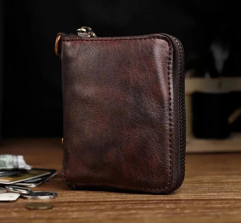 Unisex Vintage Genuine Cowhide Leather Handmade Short Zipper Wallet