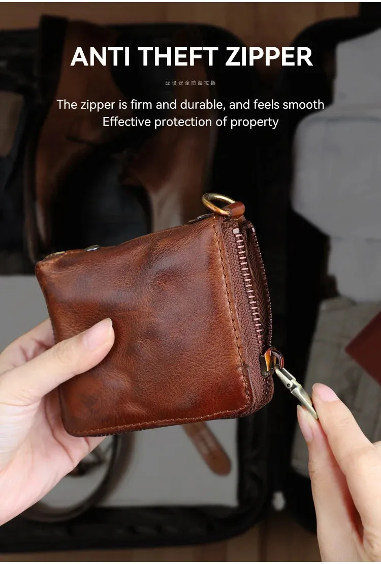 Unisex Vintage Genuine Cowhide Leather Handmade Short Zipper Wallet