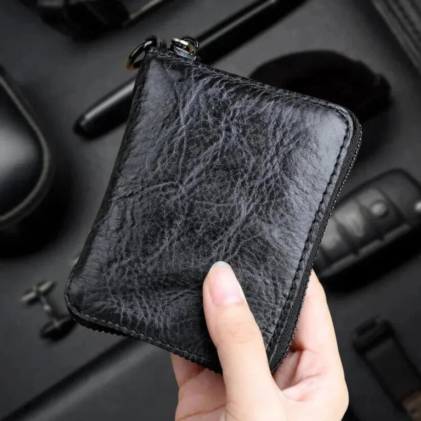 Unisex Vintage Genuine Cowhide Leather Handmade Short Zipper Wallet