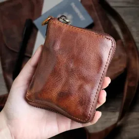 Unisex Vintage Genuine Cowhide Leather Handmade Short Zipper Wallet