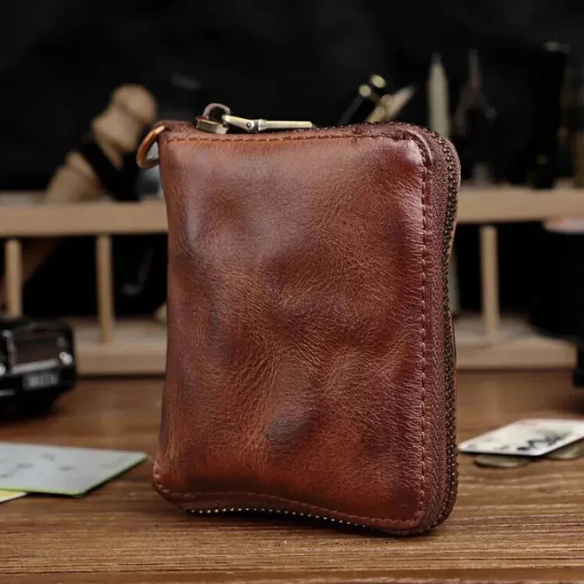 Unisex Vintage Genuine Cowhide Leather Handmade Short Zipper Wallet