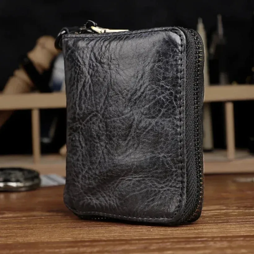 Unisex Vintage Genuine Cowhide Leather Handmade Short Zipper Wallet