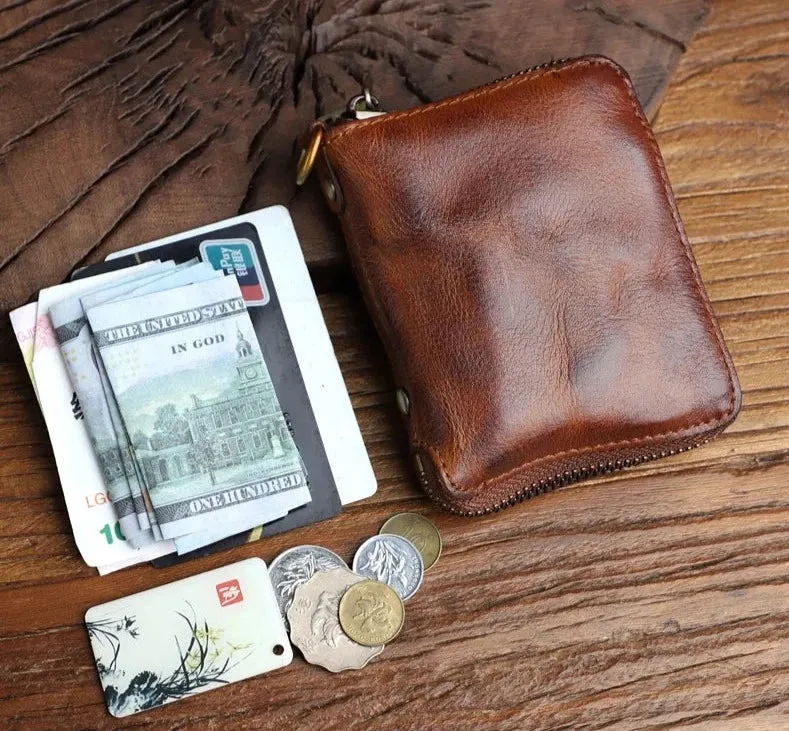 Unisex Vintage Genuine Cowhide Leather Handmade Short Zipper Wallet