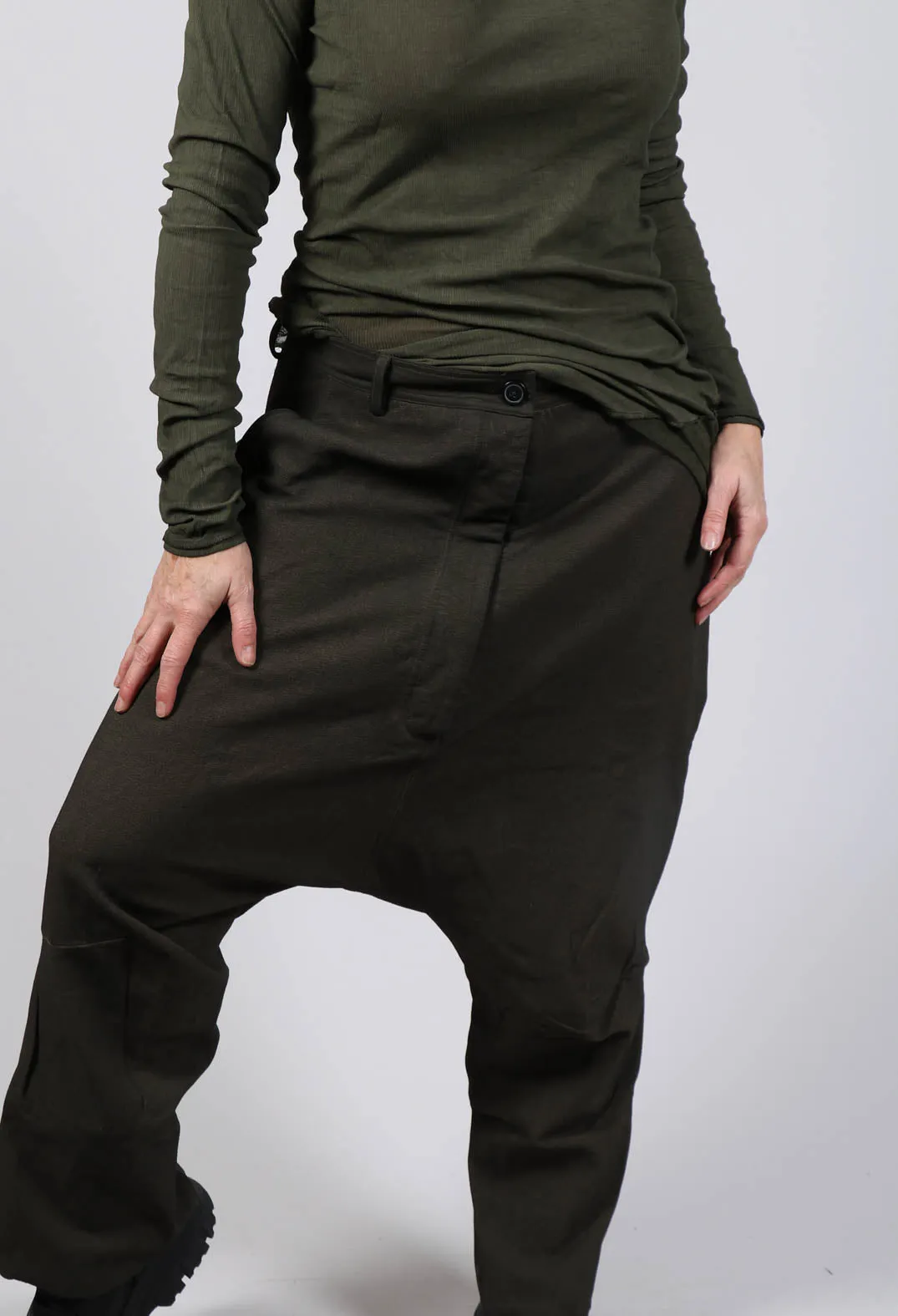 Utility Drop Crotch Trousers in Khaki