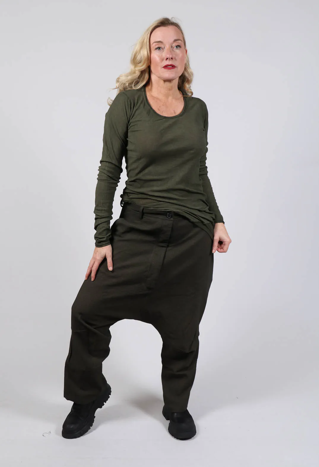 Utility Drop Crotch Trousers in Khaki