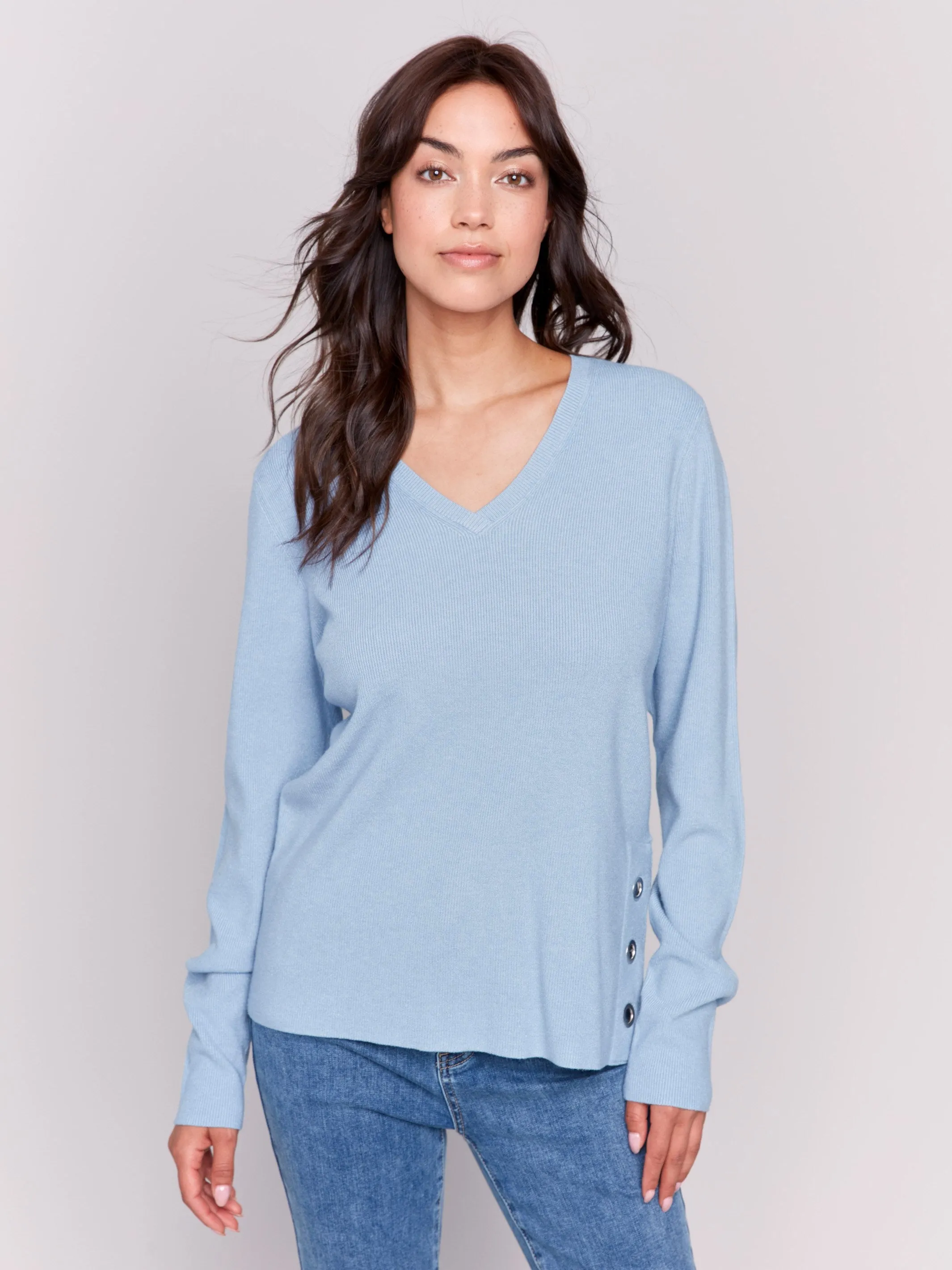 V-Neck Sweater with Grommet Detail - Frost