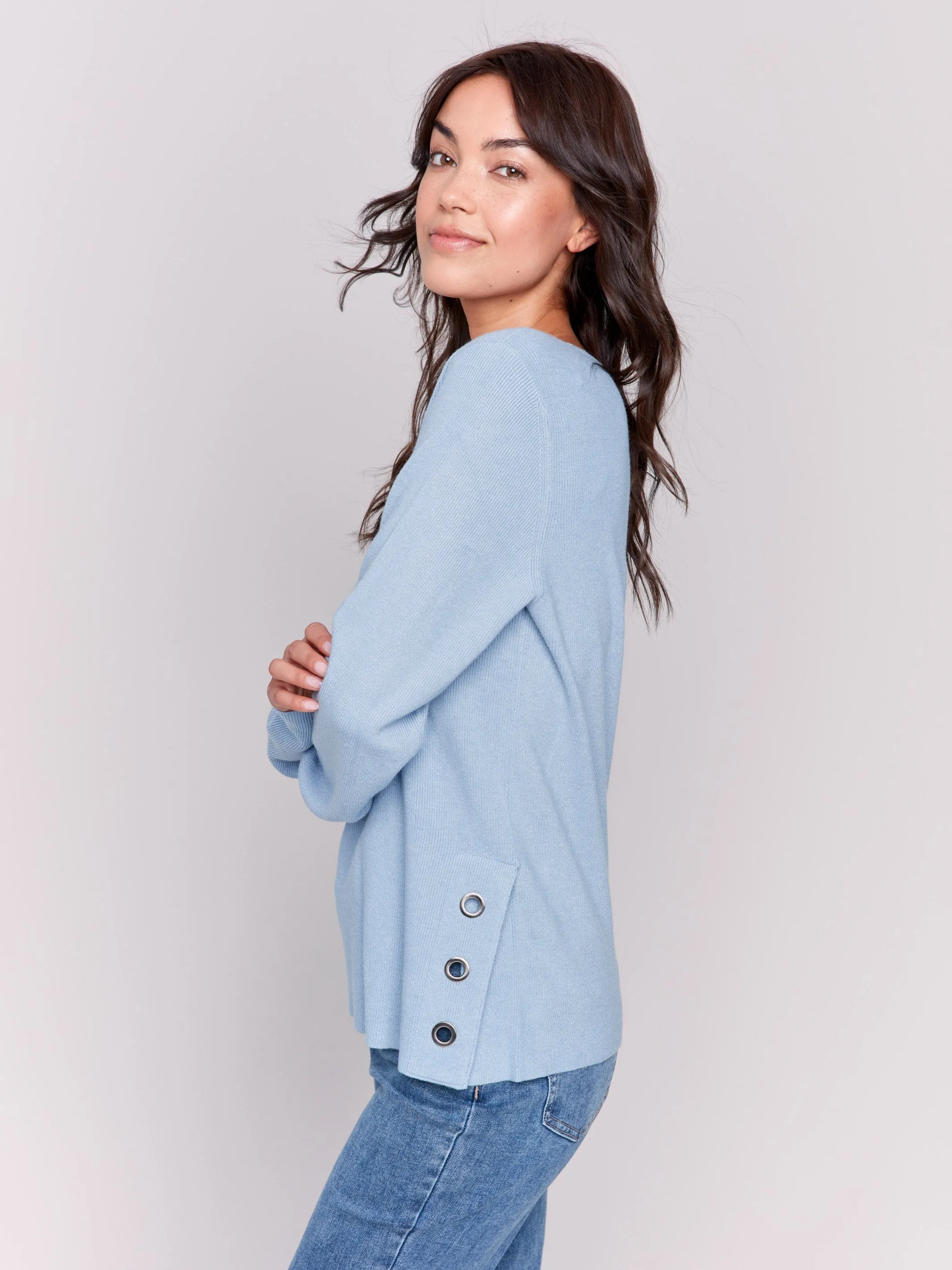 V-Neck Sweater with Grommet Detail - Frost