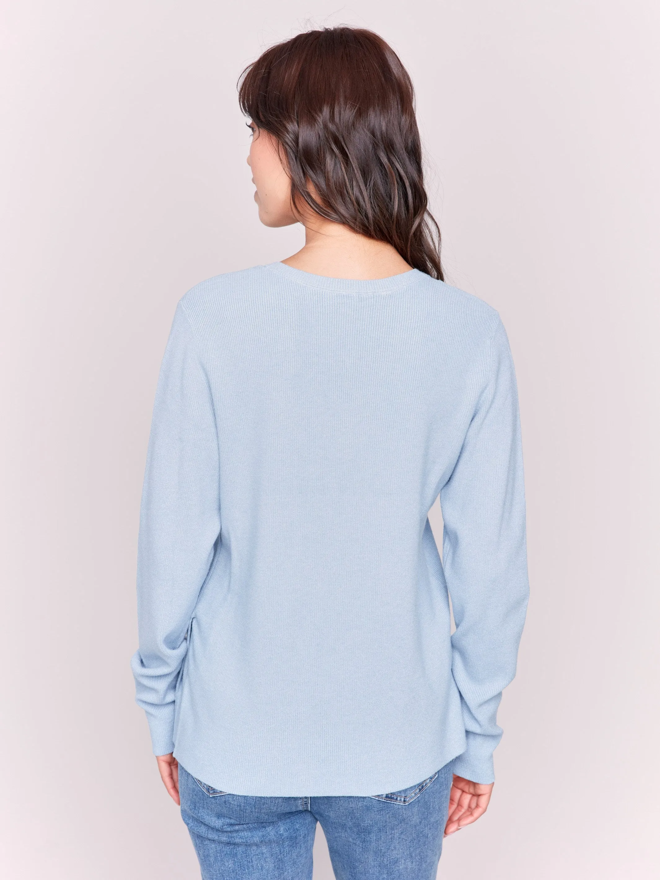 V-Neck Sweater with Grommet Detail - Frost