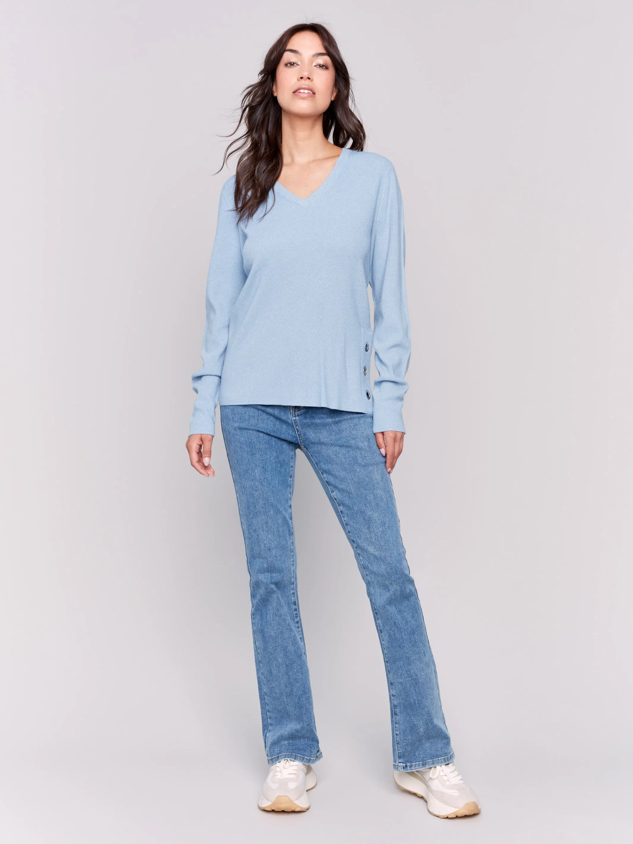 V-Neck Sweater with Grommet Detail - Frost