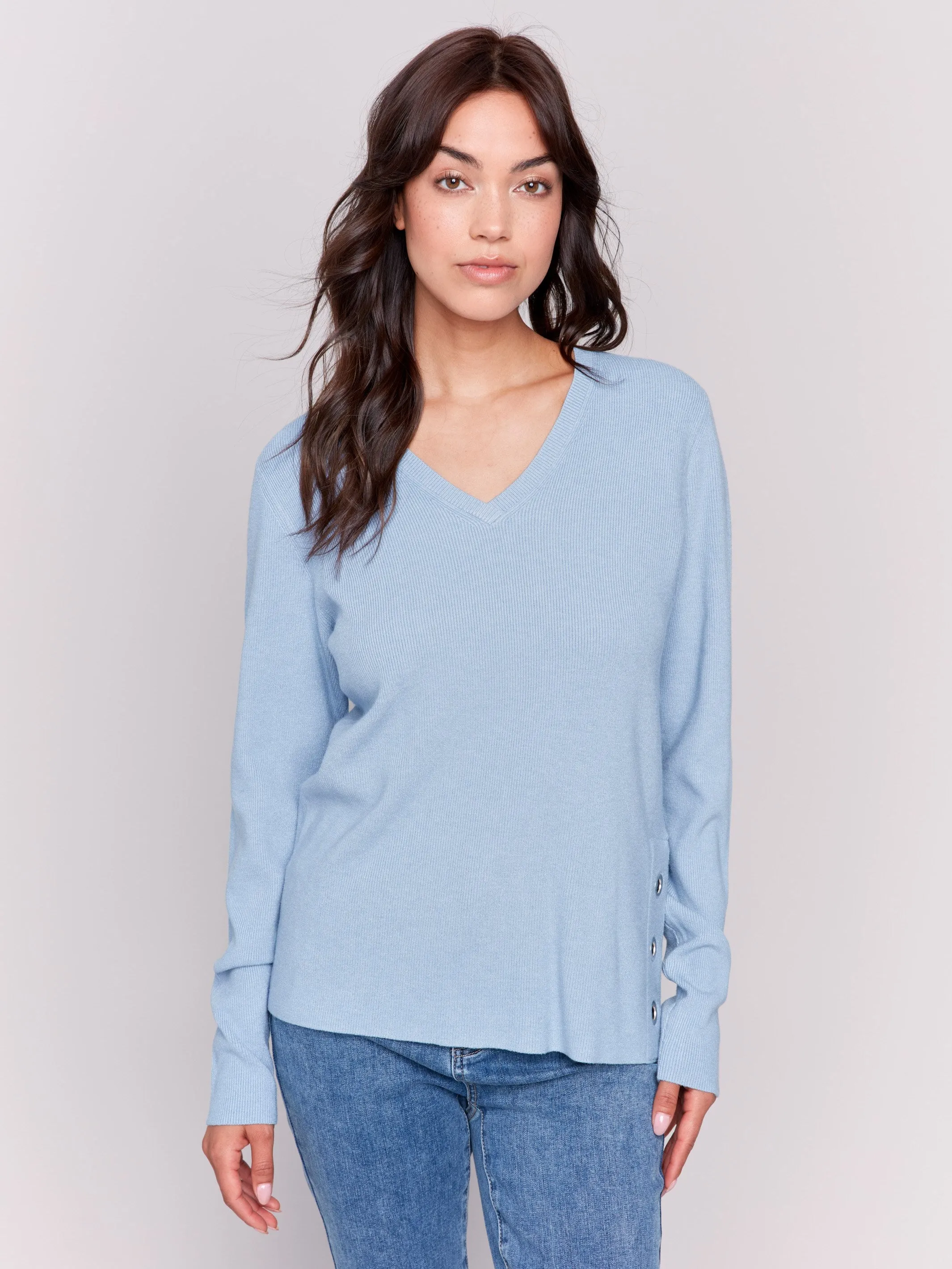 V-Neck Sweater with Grommet Detail - Frost